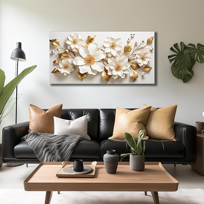 JuhaiArt Gold Wall Decor White 3D Floral Wall Art Elegant Flower Canvas Decor for Bedroom Living Room Office Picture Artwork 24" x 48"