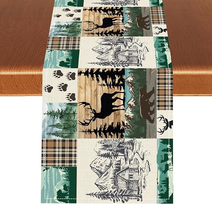 Rustic Cabin Table Runner, Farmhouse Deer Bear Retro Pine Forest Wooden Plank Wild Animal Seasonal Coffee Table Center Decor for Home Kitchen Dining Holiday Party Table Decorations 13x108 inches
