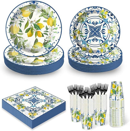 Amalfi Coast Plates and Napkins for Birthday Decorations Kit, Capri Lemon Tableware Supplies for Lemon Theme Summer Decor, Service 24 Guests