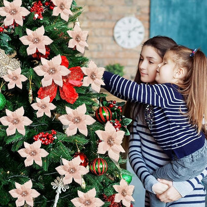 WILLBOND 24 Pcs 3 Size Poinsettia Flower Artificial Christmas Decor Glitter Poinsettia Christmas Ornaments Faux Flowers for Xmas Tree Outdoor(4/6/7.9 Inches,Rose Gold)
