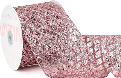VATIN 4" Rose Gold Christmas Ribbon, Rose Gold Glitter Mesh Diamond Web Sequin Dots Wired Christmas Ribbon for Gift Wrapping Bow Making Wreath Supply-10 Yards