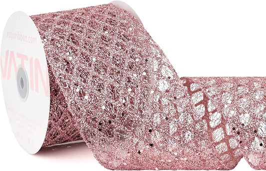 VATIN 4" Rose Gold Christmas Ribbon, Rose Gold Glitter Mesh Diamond Web Sequin Dots Wired Christmas Ribbon for Gift Wrapping Bow Making Wreath Supply-10 Yards