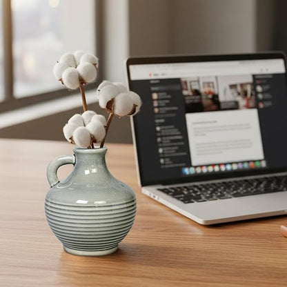 Sunddo Gray Ceramic Flower Vase， 6 Inch Small Modern Boho Vase for Home Decor, Decorative Vases with Handle, Neutral Accent for Minimalist, Table, Living Room, Bathroom, Shelf, Mantel Decor