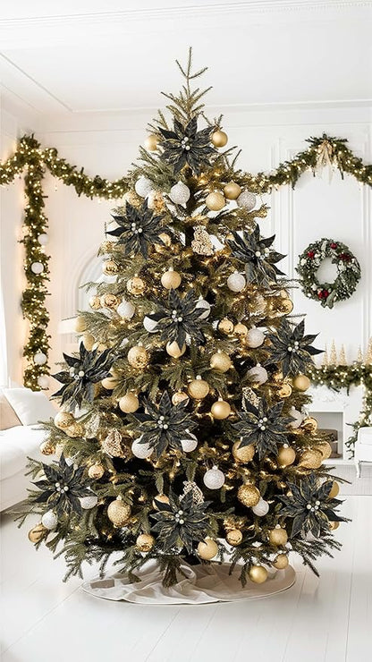 DILATATA 3 Pcs Artificial Christmas Flowers 13 Inch Glitter Poinsettia Picks Christmas Tree Ornaments Topper Decorations Black Poinsettias Flowers for Xmas New Year Wreath Garland Wedding Home Decor