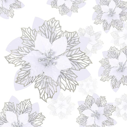Geosar 24 Pieces Christmas Glitter Poinsettia Flowers Layered Artificial Xmas Flowers Wedding Christmas Tree New Year Ornaments 3/4/6 Inch(White)