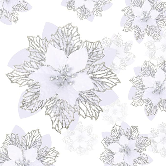 Geosar 24 Pieces Christmas Glitter Poinsettia Flowers Layered Artificial Xmas Flowers Wedding Christmas Tree New Year Ornaments 3/4/6 Inch(White)