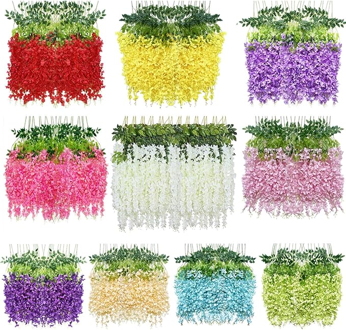 Artificial Wisteria Hanging Flowers-Fake Wisteria Flower Garland Silk Vines Rattan Decor for Home Wedding Arch Wall Garden Greenery Bedroom Outdoor Office Party Decoration(24, Blue)