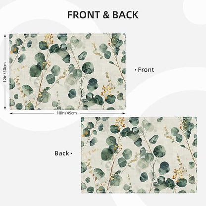 Leaves Placemats Set of 6 Eucalyptus Seasonal Watercolor Plants Table Mats Washable Place Mats for Home Party Indoor Kitchen Dining Table Decoration 12x18 Inch