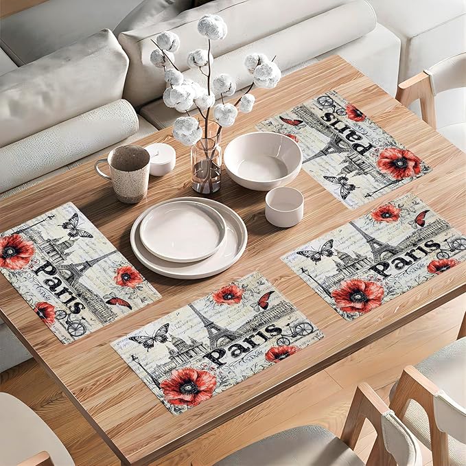 Paris Placemats Set of 4, French Eiffel Tower Place Mats, Poppies Dining Table Mats, Retro Washable Placemats for Kitchen Dining Room Home Decor 18L'' × 12W''