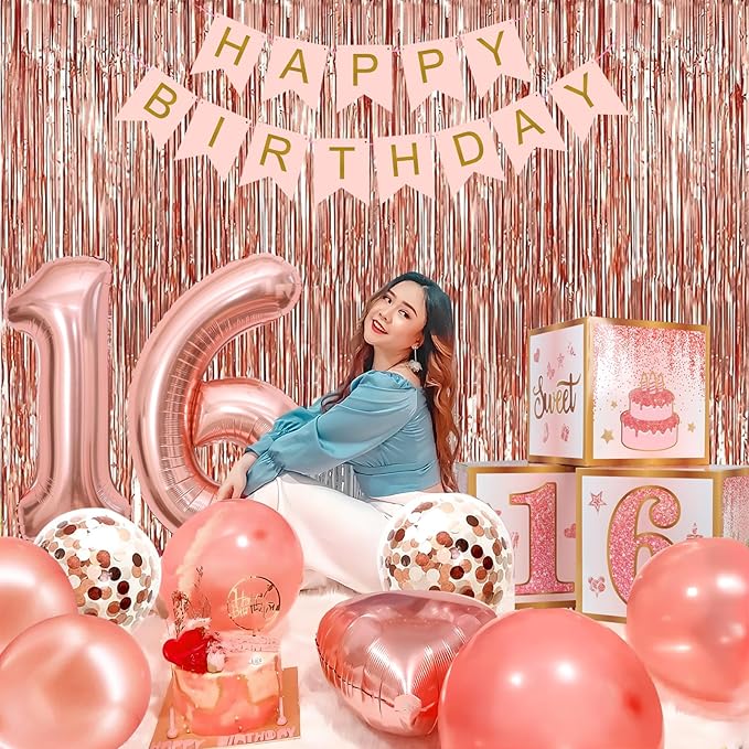 Sweet 16 Party Decorations,16th Birthday Boxes Decor for Girls Women Sweet Sixteen Happy Birthday Banner Kits Pink Rose Gold Foil Balloons Party Supplies Rose Gold Tassel Curtain
