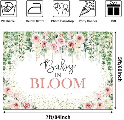 Avezano Baby in Bloom Backdrop Sage Green Leaves with Pink Flowers Baby Shower Party Decorations Baby Girl's Greenery Floral Nature Theme Photography Background Cake Table Banner (7x5ft(84x60in))