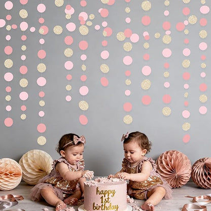Champagne Gold Rose Pink Polka Dot Garland Champagne Dusty Pink Circle Dot Hanging Streamer Banner for Birthday Baby Shower Bridal Shower Wedding Engagement Retirement Boho Party Decorations Supplies