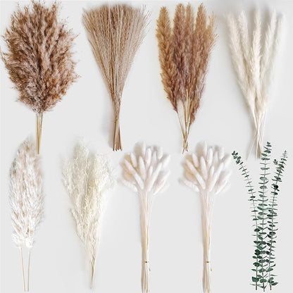 Dried Flower Bouquet - Pampas Grass, Bunny Tails, Olive Green Eucalyptus & Preserved Flowers - Boho Chic Home Decor, Rustic Wedding Centerpiece, Farmhouse Style Arrangement, Long-Lasting Gift