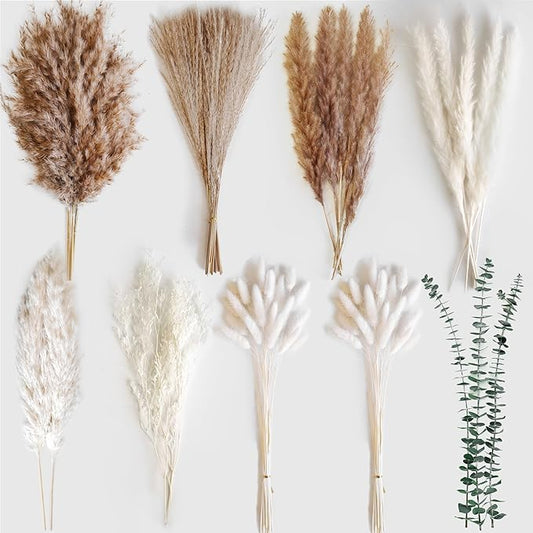 Dried Flower Bouquet - Pampas Grass, Bunny Tails, Olive Green Eucalyptus & Preserved Flowers - Boho Chic Home Decor, Rustic Wedding Centerpiece, Farmhouse Style Arrangement, Long-Lasting Gift