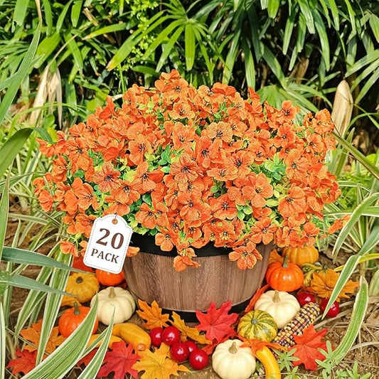 20 Bundles Fall Thanksgiving Artificial Mums Flowers for Outdoors, No Fade Fake UV Resistant Green Leaf Faux Flowers for Outdoor Planters, Autumn Garden Patio Front Porch Decor(Orange Green)