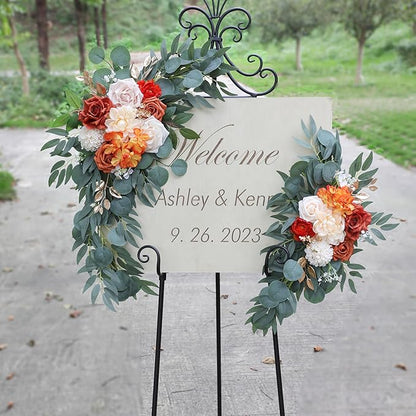 ponatia Wedding Arch Flowers (Pack of 2), Artificial Burnt Orange Wedding Flowers for Wedding Welcome Signs Decorations and Arch Flowers for Wedding Ceremony Reception (Burnt Orange & Ivory)