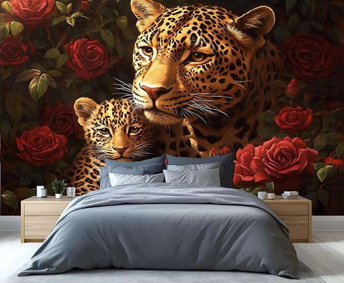 Jungle Rose Leopard Wall Mural, Big Cat Floral 3D Wall Murals, Wild Animal Leopard Wallpaper Mural, for Living Room Bedroom Large Wallpaper Indoor Decor 59" W x39.4 H