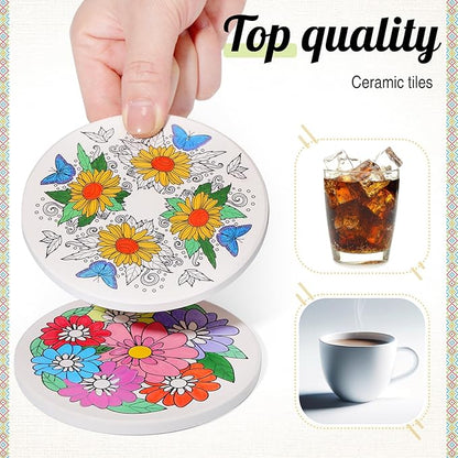 10 Pcs Ceramic Coasters for Drinks Color Your Own Coaster Set DIY Absorbent Cup Mat with 12 Markers and Cork Base Gift Arts and Crafts for Coffee Table Apartment Bar Home Decoration(Flower)