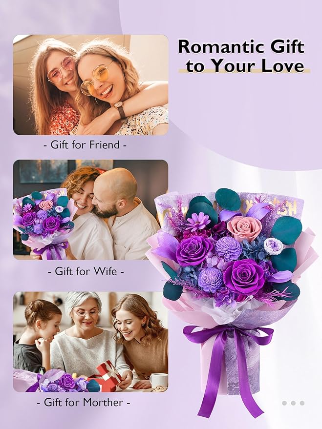 Eterfield Flowers for Delivery Prime, Forever Flowers Bouquet, Preserved Roses and Purple Flowers Birthday Gifts for Her Women Wife Mom Grandma Graduation Valentine's Day Mother's Day