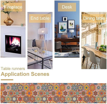 Boho Table Runner, Orange Geometric Mandala Flower Fall Farmhouse Decor Table Runner for Kitchen Dining Party Home Decoration, 13x90 Inch