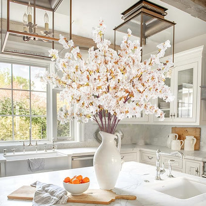 12 Pcs Artificial Cherry Blossom Flowers 40" Faux Silk Cherry Blossom Stems Fake Real Touch Peach Branches for Wedding Home Garden Japanese Decor Ivory White