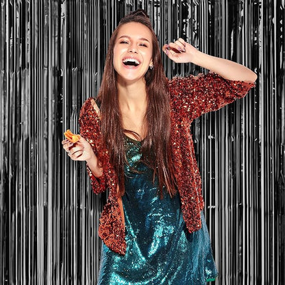 3 Pack 3.3 x 8.2 ft Laser Black Foil Fringe Backdrop Curtains, Tinsel Streamers Birthday Party Decorations, Fringe Backdrop for Graduation, Baby Shower, Gender Reveal, Disco Party