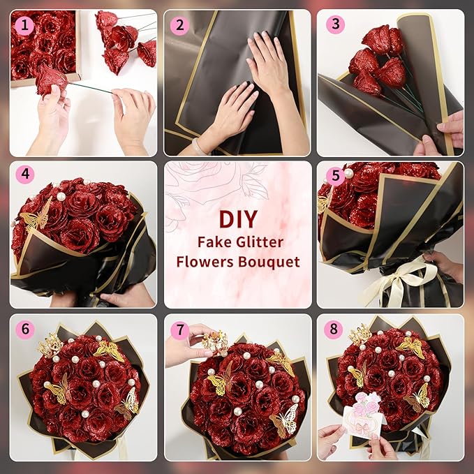 Glitter Roses Bouquet, Shiny Artificial Roses Flowers with Stems DIY Fake Glitter Flowers Bouquet for Valentine's Day, Mother's Day, Anniversary, Graduation, Birthday, Wedding, 50 Roses (Black)