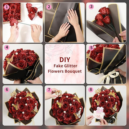 Glitter Roses Bouquet, Shiny Artificial Flowers with Stems DIY Fake Glitter Flowers Bouquet for Valentine's Day, Mother's Day, Anniversary, Graduation, Birthday, 24 Roses (Black)