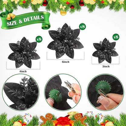 Geosar 24 Christmas Glitter Artificial Poinsettia Flowers Xmas Poinsettia Artificial Wedding Flowers Decorations Xmas Tree Ornaments with Clips for Party Favors, 6 Inch, 4 Inch, 3 Inch (Black)