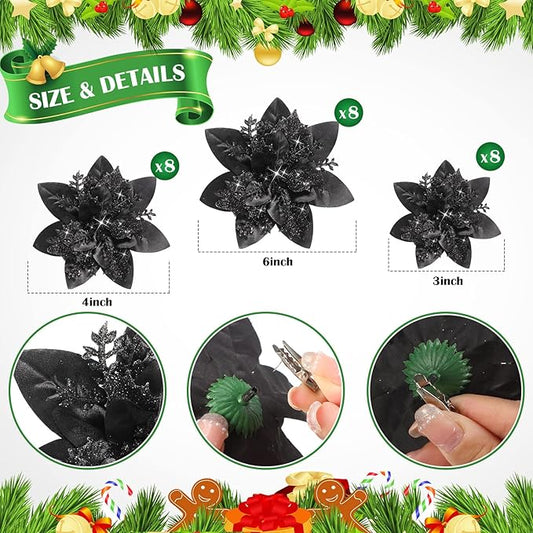 Geosar 24 Christmas Glitter Artificial Poinsettia Flowers Xmas Poinsettia Artificial Wedding Flowers Decorations Xmas Tree Ornaments with Clips for Party Favors, 6 Inch, 4 Inch, 3 Inch (Black)