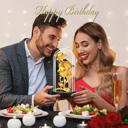Glass Rose Flower for Women, Birthday Gifts for Women,Rose Flower Gifts for Mom, Red Light Up Rose in A Glass Dome,Rose Gifts for Mom Her Christmas, Anniversary, Wedding, Valentines (Gold)