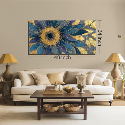 JuhaiArt Gold Wall Decor Blue Floral Wall Picture Canvas Sunflower Abstract Flower Wall Art for Living Room Bedroom Home Office 24" x 48"