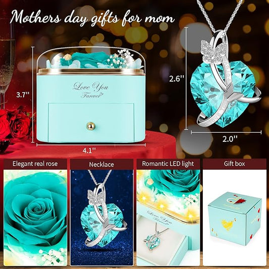 Blue Preserved Real Rose with Necklace Jewelry Box -Eternal Flowers Rose Gifts for Grandma Wife Girlfriend on Valentines Mothers Day Christmas Birthday Anniversary Romantic Gifts for Her