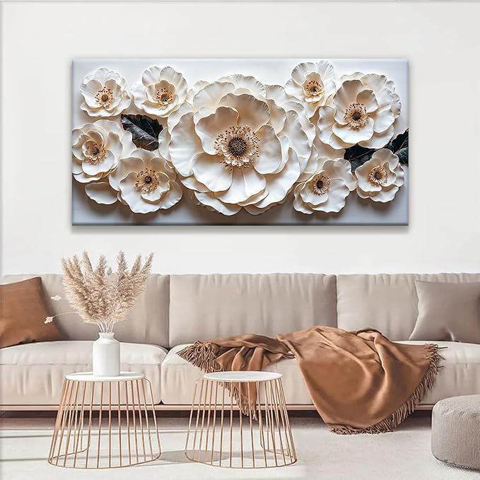 Floral Wall Art For Living Room Modern White Wall Decor Prints Artwork Canvas Art Wall Decor Painting White Flower Wall Art Picture For Bedroom Apartment Home Artwork 24 X 48 Inch