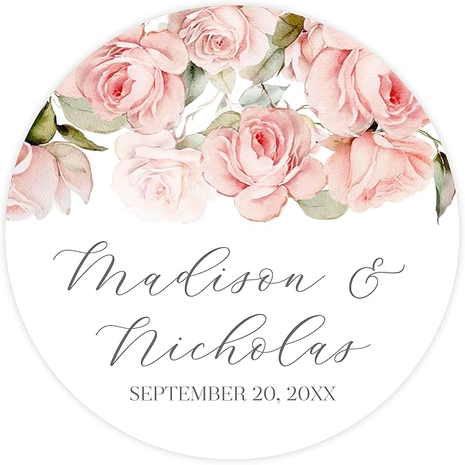 Personalized Floral Wedding Stickers with Your Choice of 30 Flower Styles - Choose Font and One of Five Pre-made Phrases or Add Custom Text (015 - Pink Flowers Roses)