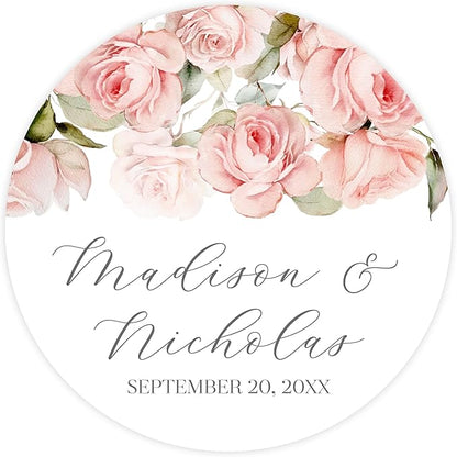 Personalized Floral Wedding Stickers with Your Choice of 30 Flower Styles - Choose Font and One of Five Pre-made Phrases or Add Custom Text (015 - Pink Flowers Roses)