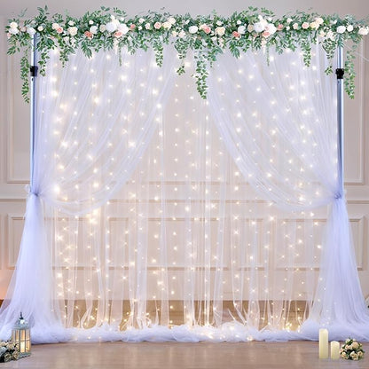 White Tulle Backdrop Curtain with Lights String for Parties Wedding Bridal Shower Sheer White Curtain Backdrop for Birthday Baby Shower Photo Booth Photography Background Decorations 10ft x 8ft