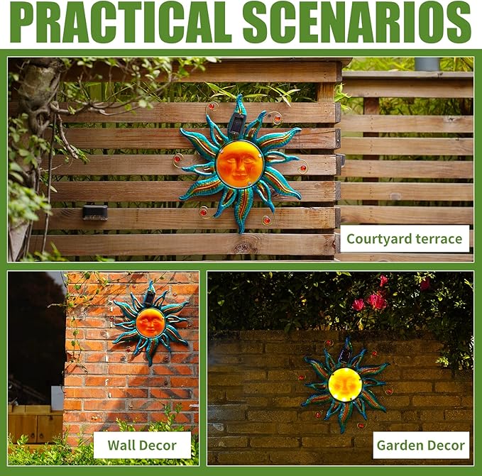 18 "Solar Sun Face Wall Art - Metal Sun Sculpture with LED Lights & Smiling Face, Outdoor Wall Hanging Decorations (Blue)