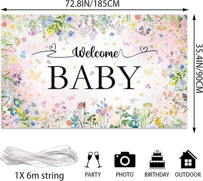 Wildflower Baby Shower Decorations Banner - Floral Welcome Baby Backdrop Party Supplies, Flower Theme Photo Background for Birthday Baby Shower Gender Reveal (72.8 x 35.4 inch)