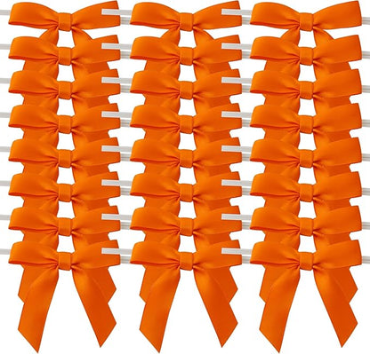 50pcs 2-1/2" Orange Twist Ties Satin Ribbon Bows in Pumpkin Color for Thanks Giving Halloween Wrapping Twist Tie Bows Hot Cutting(Orange)