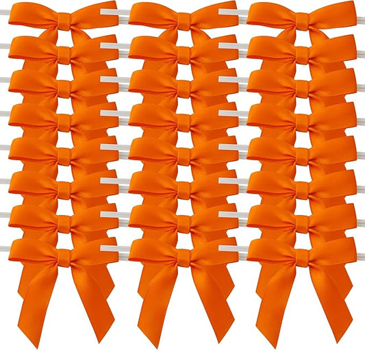 50pcs 2-1/2" Orange Twist Ties Satin Ribbon Bows in Pumpkin Color for Thanks Giving Halloween Wrapping Twist Tie Bows Hot Cutting(Orange)