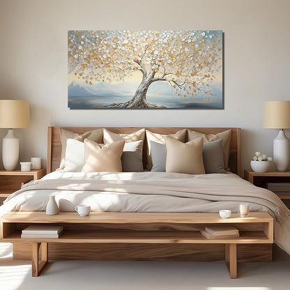 Large Tree Decor Art Bedroom Gold Canvas Wall Decor Light Blue Picture Wall Art for Living Room Office 29" x 59" White Artwork Poster