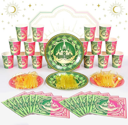 Roshtia 25 Set Witch Party Supplies Pink and Green Paper Plates Napkins Tablewares Disposable Witch Dinnerware for Girls Women Witchy Birthday Party Decorations Favors