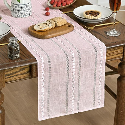 Artoid Mode Pink Rustic Cotton Linen Table Runner, Seasonal Embroidered Hollow Kitchen Dining Table Decoration for Home Party Decor 13x108 Inch