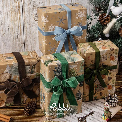 Ribbli 4 Rolls Christmas Wrapping Paper Vintage Kraft Wrapping Paper, 30 x 120 inch(10ft) Per Roll, 100 Sq Ft Total, Brown Kraft Paper with Winter Elements Pattern Snowflake/Tree/Reindeer/Bird