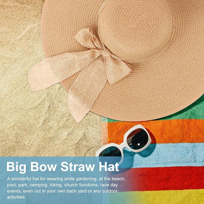 DRESHOW Beach Hats for Women Big Straw Wide Brim Summer Hat Floppy Foldable Roll up Cap Sun Hat UPF 50+