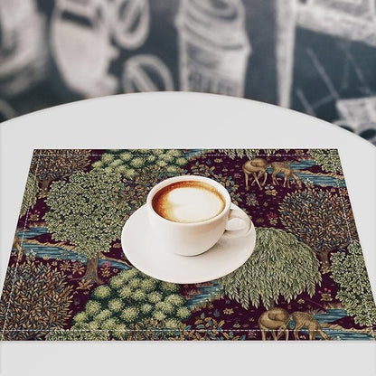 William Morris Flower Placemats Set of 4, Vintage Boho Floral Tree Plant Deers Woodland Animals Place Mats, Heat Resistant Non Slip Cotton Linen Dining Table Mats for Home Kitchen Party 18x12 Inch 1PC