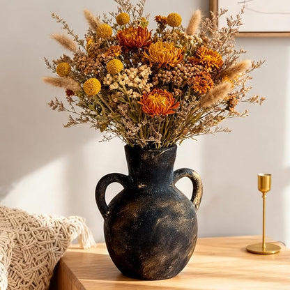 Rustic Ceramic Farmhouse Flower Vase with 2 Handles, Whitewashed Terra Cotta Vase, Decorative Pottery Flower for Home Decor, Table, Living Room, Shelf Decor, 7.3 Inch, Bronze