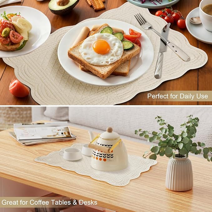 6 PCS Quilted Placemats -13x18 inches, 100% Cotton Placemats with Microfiber Filling, Thick & Washable Place Mats for Durable Use, Rectangular Placemats with Scalloped Edge for Kichen and Dining, Flax