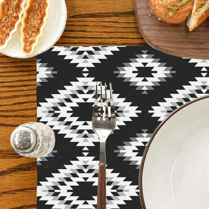 White Gray Black Placemats Set of 4 Turkish Mosaic Oriental Dining Place Mats Linen Table Mat for Farmhouse Home Kitchen Decor 12 X 18 Inch
